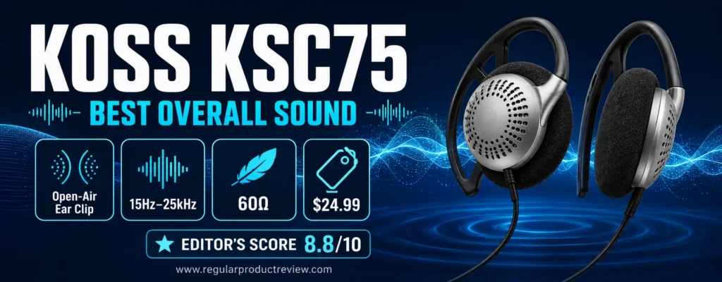 Koss KSC75 open-air ear-clip headphones with 60-ohm impedance and 8.8 editor score