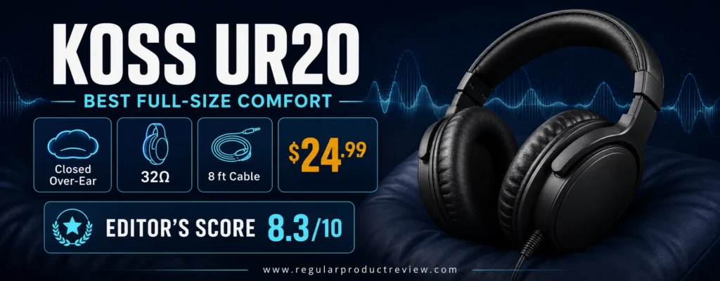 Koss UR20 comfortable closed over-ear headphones with 32-ohm impedance and long cable