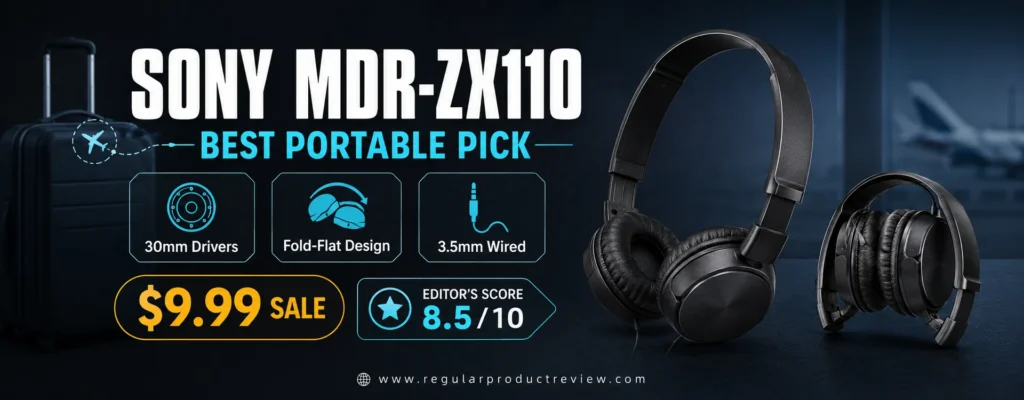 Sony MDR-ZX110 fold-flat wired on-ear headphones with 30mm drivers and 8.5 score