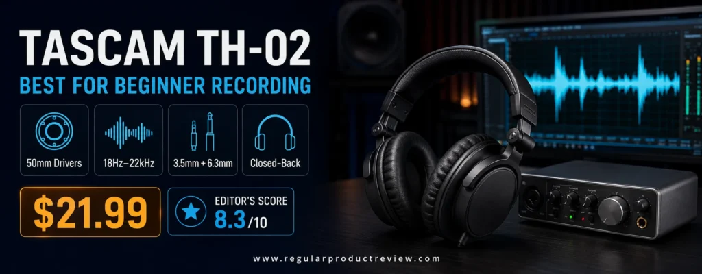TASCAM TH-02 closed-back recording headphones with 50mm drivers and plug adapter